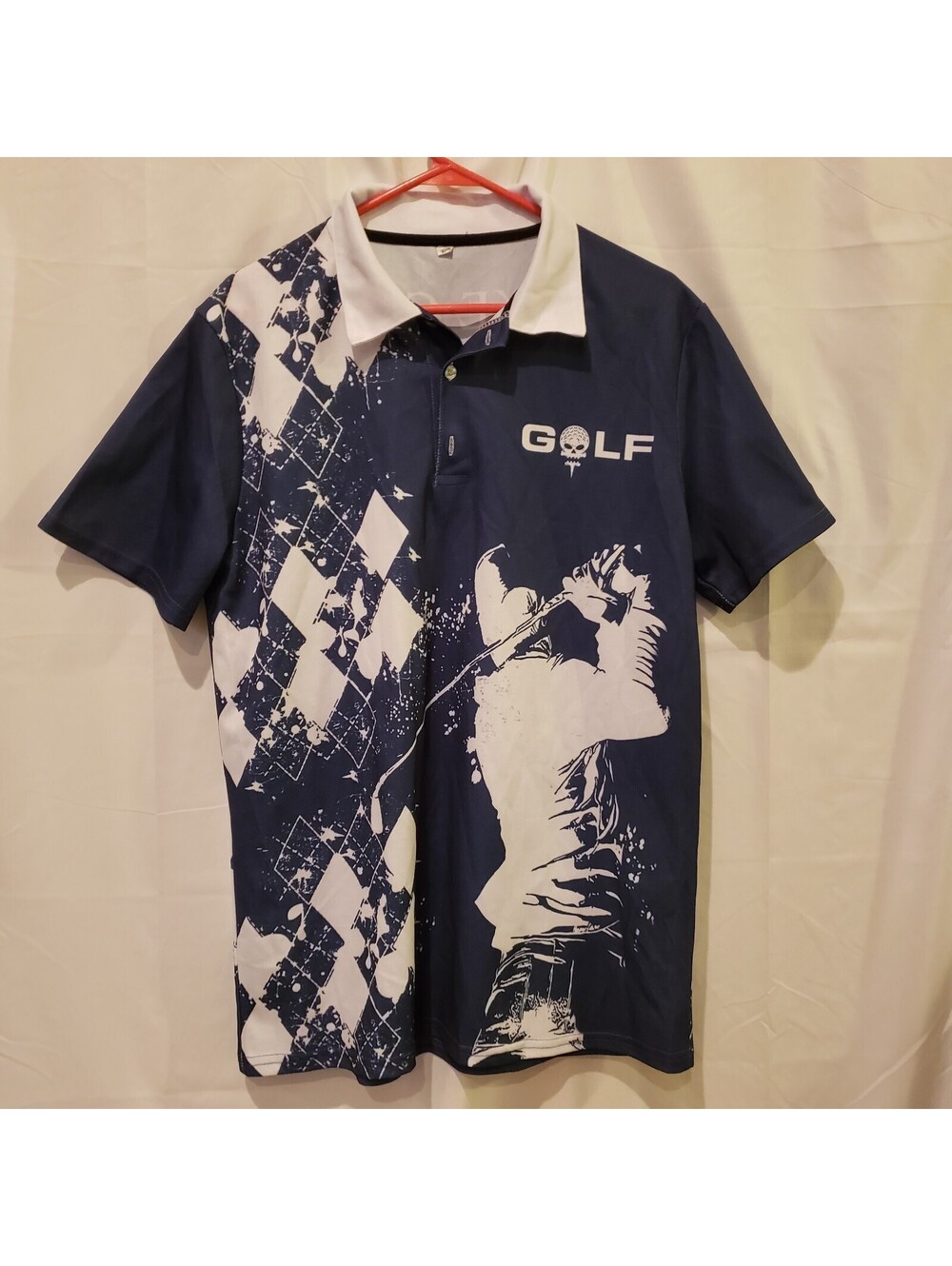 Hivichi Golf Polo Shirt Mens L Blue & White Front Golfer Back Bourbon Bottle